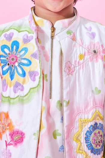 Buy Joey & Pooh White Cotton, Chanderi, Viscose Embroidery Mae Printed Bundi And Kurta Set Buy_Joey & Pooh_White Cotton, Chanderi, Viscose Embroidery Mae Printed Bundi And Kurta Set
