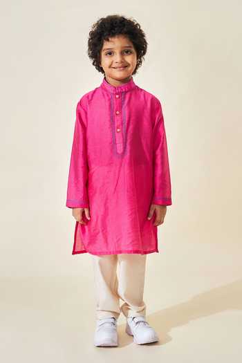 Joey & Pooh Pink Cotton, Chanderi, Viscose Rumi Embroidered Bundi And Kurta Set Online at Aza Fashions Joey & Pooh_Pink Cotton, Chanderi, Viscose Rumi Embroidered Bundi And Kurta Set _Online_at_Aza_Fashions