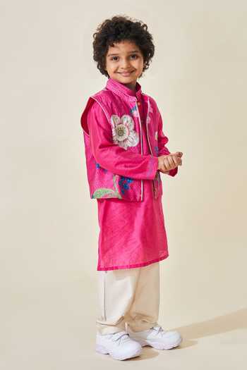 Shop Joey & Pooh Pink Cotton, Chanderi, Viscose Rumi Embroidered Bundi And Kurta Set Online at Aza Fashions Shop_Joey & Pooh_Pink Cotton, Chanderi, Viscose Rumi Embroidered Bundi And Kurta Set _Online_at_Aza_Fashions