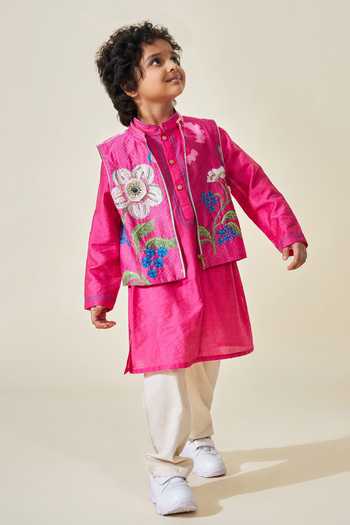 Buy Joey & Pooh Pink Cotton, Chanderi, Viscose Rumi Embroidered Bundi And Kurta Set Buy_Joey & Pooh_Pink Cotton, Chanderi, Viscose Rumi Embroidered Bundi And Kurta Set