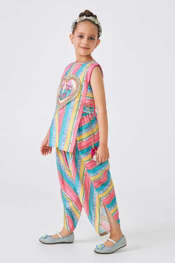 Joey & Pooh Multi Color Cotton, Chanderi Zari, Freya Striped Print Top And Dhoti Pant Set at Aza Fashions Joey & Pooh_Multi Color Cotton, Chanderi Zari, Freya Striped Print Top And Dhoti Pant Set _at_Aza_Fashions