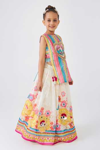 Joey & Pooh Multi Color Cotton, Chanderi, Voile Printed Top And Lehenga Set Online at Aza Fashions Joey & Pooh_Multi Color Cotton, Chanderi, Voile Printed Top And Lehenga Set _Online_at_Aza_Fashions