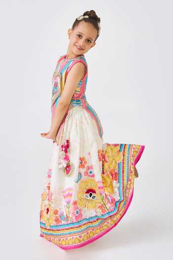 Shop Joey & Pooh Multi Color Cotton, Chanderi, Voile Printed Top And Lehenga Set Online at Aza Fashions Shop_Joey & Pooh_Multi Color Cotton, Chanderi, Voile Printed Top And Lehenga Set _Online_at_Aza_Fashions