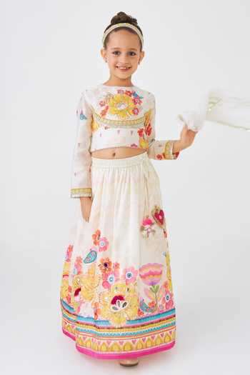 Buy Joey & Pooh Off White Cotton, Chanderi, Net Freya Floral Embroidered Lehenga Set Online at Aza Fashions Buy_Joey & Pooh_Off White Cotton, Chanderi, Net Freya Floral Embroidered Lehenga Set _Online_at_Aza_Fashions