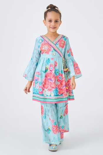 Joey & Pooh Blue Cotton, Chanderi Freya Yoke Embroidered Angarkha And Pant Set Online at Aza Fashions Joey & Pooh_Blue Cotton, Chanderi Freya Yoke Embroidered Angarkha And Pant Set _Online_at_Aza_Fashions