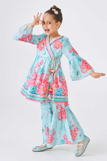 Buy Joey & Pooh Blue Cotton, Chanderi Freya Yoke Embroidered Angarkha And Pant Set Online at Aza Fashions Buy_Joey & Pooh_Blue Cotton, Chanderi Freya Yoke Embroidered Angarkha And Pant Set _Online_at_Aza_Fashions