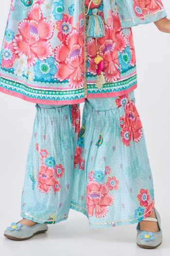 Shop Joey & Pooh Blue Cotton, Chanderi Freya Yoke Embroidered Angarkha And Pant Set Online at Aza Fashions Shop_Joey & Pooh_Blue Cotton, Chanderi Freya Yoke Embroidered Angarkha And Pant Set _Online_at_Aza_Fashions