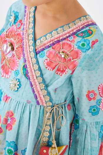 Buy Joey & Pooh Blue Cotton, Chanderi Freya Yoke Embroidered Angarkha And Pant Set Buy_Joey & Pooh_Blue Cotton, Chanderi Freya Yoke Embroidered Angarkha And Pant Set