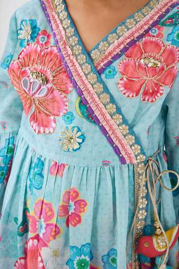 Shop Joey & Pooh Blue Cotton, Chanderi Freya Yoke Embroidered Angarkha And Pant Set Shop_Joey & Pooh_Blue Cotton, Chanderi Freya Yoke Embroidered Angarkha And Pant Set