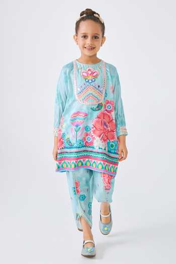 Joey & Pooh Blue Cotton, Chanderi Freya Embellished Tunic And Pant Set Online at Aza Fashions Joey & Pooh_Blue Cotton, Chanderi Freya Embellished Tunic And Pant Set _Online_at_Aza_Fashions