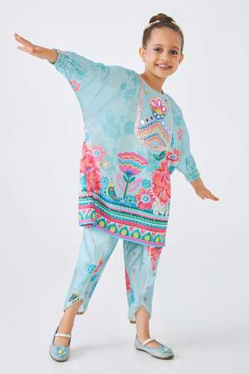 Buy Joey & Pooh Blue Cotton, Chanderi Freya Embellished Tunic And Pant Set Online at Aza Fashions Buy_Joey & Pooh_Blue Cotton, Chanderi Freya Embellished Tunic And Pant Set _Online_at_Aza_Fashions