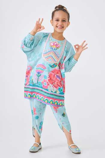 Shop Joey & Pooh Blue Cotton, Chanderi Freya Embellished Tunic And Pant Set Online at Aza Fashions Shop_Joey & Pooh_Blue Cotton, Chanderi Freya Embellished Tunic And Pant Set _Online_at_Aza_Fashions