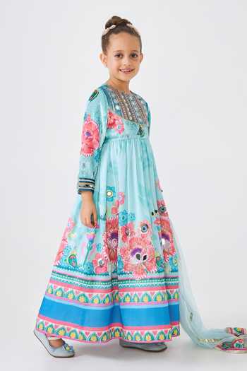 Joey & Pooh Blue Cotton, Chanderi Freya Embroidered Anarkali With Dupatta Online at Aza Fashions Joey & Pooh_Blue Cotton, Chanderi Freya Embroidered Anarkali With Dupatta _Online_at_Aza_Fashions