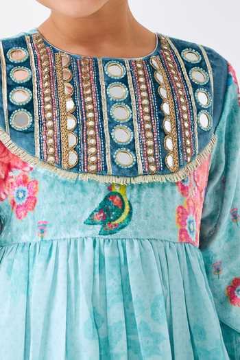 Joey & Pooh Blue Cotton, Chanderi Freya Embroidered Anarkali With Dupatta at Aza Fashions Joey & Pooh_Blue Cotton, Chanderi Freya Embroidered Anarkali With Dupatta _at_Aza_Fashions