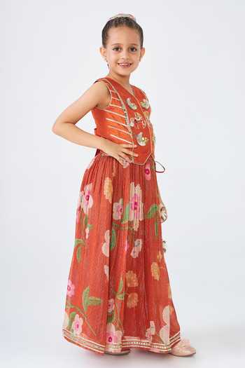 Joey & Pooh Orange Silk, Dupion, Georgette, Lurex, Net Riva Embroidered Top Skirt Set Online at Aza Fashions Joey & Pooh_Orange Silk, Dupion, Georgette, Lurex, Net Riva Embroidered Top Skirt Set _Online_at_Aza_Fashions