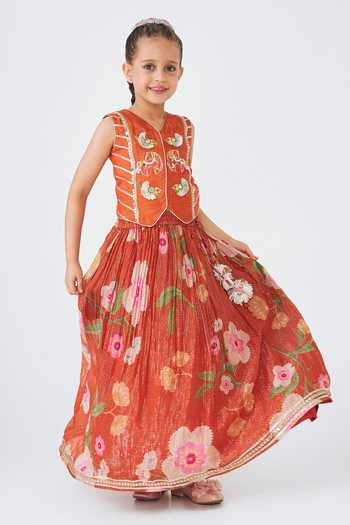 Buy Joey & Pooh Orange Silk, Dupion, Georgette, Lurex, Net Riva Embroidered Top Skirt Set Online at Aza Fashions Buy_Joey & Pooh_Orange Silk, Dupion, Georgette, Lurex, Net Riva Embroidered Top Skirt Set _Online_at_Aza_Fashions