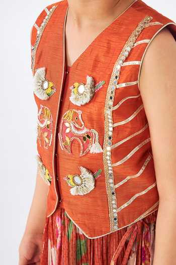 Joey & Pooh Orange Silk, Dupion, Georgette, Lurex, Net Riva Embroidered Top Skirt Set at Aza Fashions Joey & Pooh_Orange Silk, Dupion, Georgette, Lurex, Net Riva Embroidered Top Skirt Set _at_Aza_Fashions