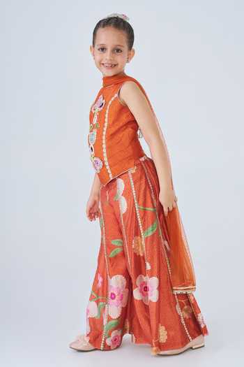 Joey & Pooh Orange Silk, Dupion, Cotton, Chanderi, Net Riva Embroidered Top Pant Set Online at Aza Fashions Joey & Pooh_Orange Silk, Dupion, Cotton, Chanderi, Net Riva Embroidered Top Pant Set _Online_at_Aza_Fashions
