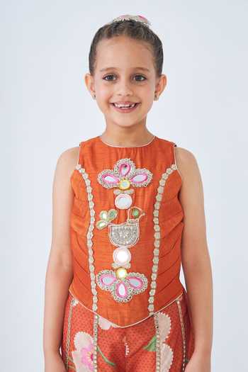 Joey & Pooh Orange Silk, Dupion, Cotton, Chanderi, Net Riva Embroidered Top Pant Set at Aza Fashions Joey & Pooh_Orange Silk, Dupion, Cotton, Chanderi, Net Riva Embroidered Top Pant Set _at_Aza_Fashions