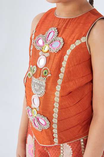 Buy Joey & Pooh Orange Silk, Dupion, Cotton, Chanderi, Net Riva Embroidered Top Pant Set Buy_Joey & Pooh_Orange Silk, Dupion, Cotton, Chanderi, Net Riva Embroidered Top Pant Set