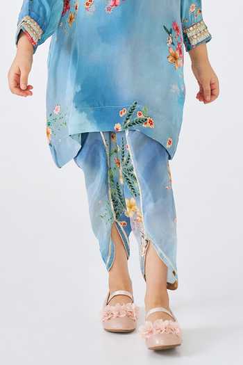 Joey & Pooh_Blue Crepe Clea Mirror Work Kurta And Pant Set _Online_at_Aza_Fashions