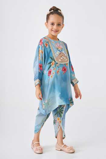 Buy_Joey & Pooh_Blue Crepe Clea Mirror Work Kurta And Pant Set _Online_at_Aza_Fashions