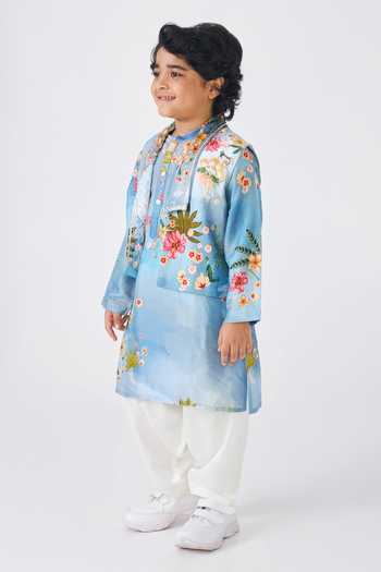 Joey & Pooh Blue Dupion, Velvet Clea Kurta Set Online at Aza Fashions Joey & Pooh_Blue Dupion, Velvet Clea Kurta Set _Online_at_Aza_Fashions