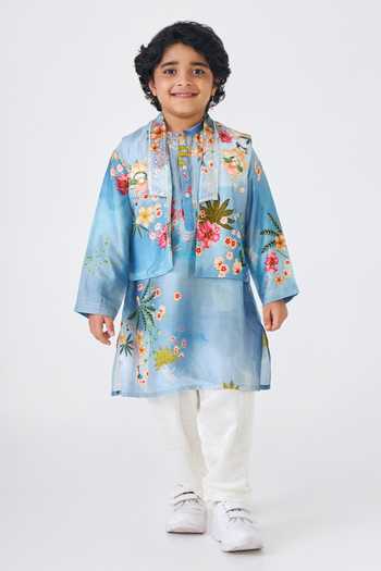 Buy Joey & Pooh Blue Dupion, Velvet Clea Kurta Set Online at Aza Fashions Buy_Joey & Pooh_Blue Dupion, Velvet Clea Kurta Set _Online_at_Aza_Fashions