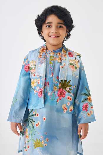 Shop Joey & Pooh Blue Dupion, Velvet Clea Kurta Set Online at Aza Fashions Shop_Joey & Pooh_Blue Dupion, Velvet Clea Kurta Set _Online_at_Aza_Fashions
