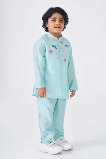 Joey & Pooh Blue Dupion, Silk Freya Embroidered Kurta And Pant Set Online at Aza Fashions Joey & Pooh_Blue Dupion, Silk Freya Embroidered Kurta And Pant Set _Online_at_Aza_Fashions