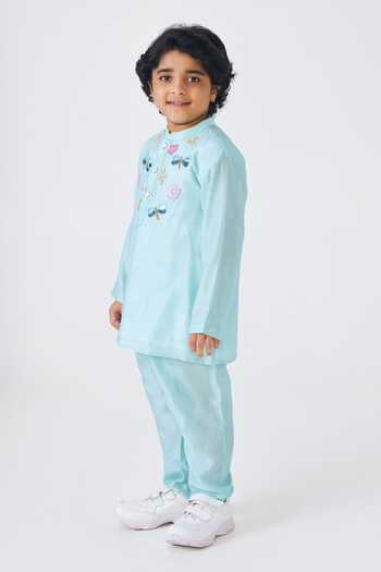Buy Joey & Pooh Blue Dupion, Silk Freya Embroidered Kurta And Pant Set Online at Aza Fashions Buy_Joey & Pooh_Blue Dupion, Silk Freya Embroidered Kurta And Pant Set _Online_at_Aza_Fashions