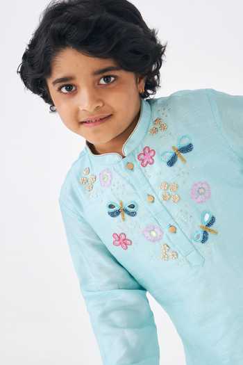 Shop Joey & Pooh Blue Dupion, Silk Freya Embroidered Kurta And Pant Set Online at Aza Fashions Shop_Joey & Pooh_Blue Dupion, Silk Freya Embroidered Kurta And Pant Set _Online_at_Aza_Fashions