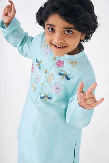 Joey & Pooh Blue Dupion, Silk Freya Embroidered Kurta And Pant Set at Aza Fashions Joey & Pooh_Blue Dupion, Silk Freya Embroidered Kurta And Pant Set _at_Aza_Fashions