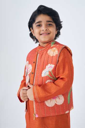Shop Joey & Pooh Orange Dupion, Silk, Cotton, Chanderi Riva Quilted Bundi And Kurta Set Online at Aza Fashions Shop_Joey & Pooh_Orange Dupion, Silk, Cotton, Chanderi Riva Quilted Bundi And Kurta Set _Online_at_Aza_Fashions