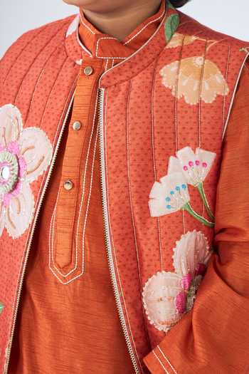 Buy Joey & Pooh Orange Dupion, Silk, Cotton, Chanderi Riva Quilted Bundi And Kurta Set Buy_Joey & Pooh_Orange Dupion, Silk, Cotton, Chanderi Riva Quilted Bundi And Kurta Set