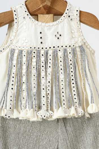 Minime Organics_Off White Silk, Tissue Tassels, Lace Mirror Embroidered Top And Palazzo Set _Online_at_Aza_Fashions