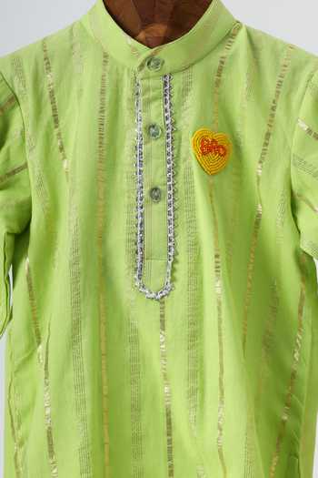 Minime Organics_Green Cotton Embroidered Kurta And Pyjama Set _Online_at_Aza_Fashions