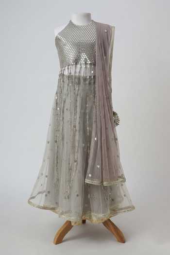Minime Organics Silver Net Faux Mirror Embroidered Lehenga Set Online at Aza Fashions Minime Organics_Silver Net Faux Mirror Embroidered Lehenga Set _Online_at_Aza_Fashions