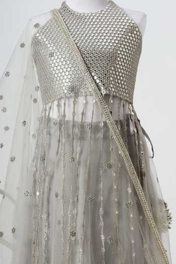 Buy_Minime Organics_Silver Net Faux Mirror Embroidered Lehenga Set _Online_at_Aza_Fashions