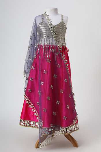 Minime Organics_Magenta Silk, Net Embroidered Blouse Lehenga Set _Online_at_Aza_Fashions
