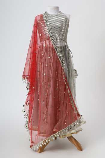 Minime Organics_Silver Net Mirror Embroidered Blouse Lehenga Set _Online_at_Aza_Fashions