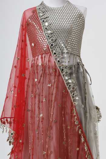 Buy_Minime Organics_Silver Net Mirror Embroidered Blouse Lehenga Set _Online_at_Aza_Fashions