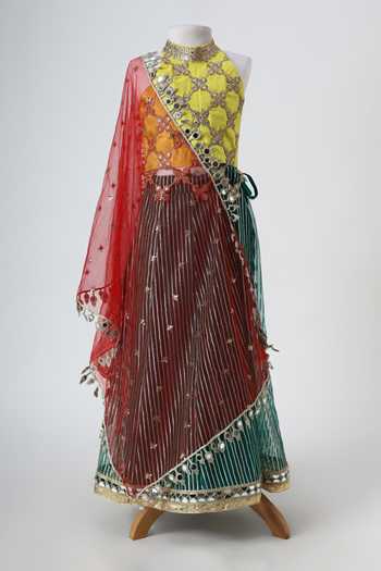 Minime Organics_Green Silk, Net, Organza, Cotton, Shantoon, Georgette Mirrorwork Lehenga Set _Online_at_Aza_Fashions