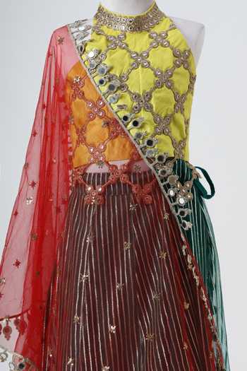 Buy_Minime Organics_Green Silk, Net, Organza, Cotton, Shantoon, Georgette Mirrorwork Lehenga Set _Online_at_Aza_Fashions