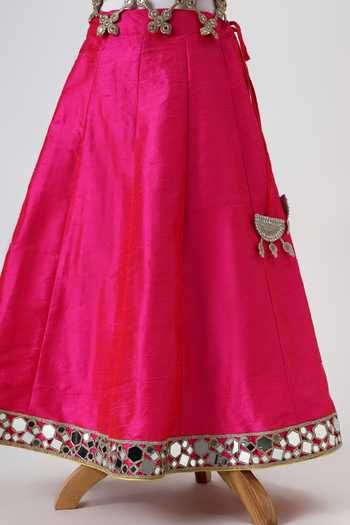 Minime Organics_Pink Silk, Cotton, Organza, Net, Shantoon Embroidered Blouse Lehenga Set _Online_at_Aza_Fashions