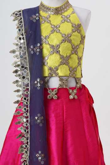 Buy_Minime Organics_Pink Silk, Cotton, Organza, Net, Shantoon Embroidered Blouse Lehenga Set _Online_at_Aza_Fashions