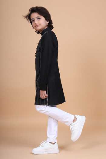 Raghavendra Rathore Blue_Black Silk, Cotton Interspersed Striped Kantha Kurta _Online_at_Aza_Fashions