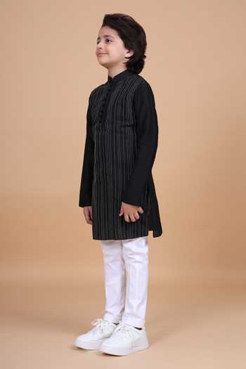 Buy_Raghavendra Rathore Blue_Black Silk, Cotton Interspersed Striped Kantha Kurta _Online_at_Aza_Fashions