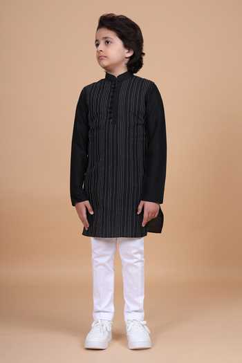 Shop_Raghavendra Rathore Blue_Black Silk, Cotton Interspersed Striped Kantha Kurta _Online_at_Aza_Fashions