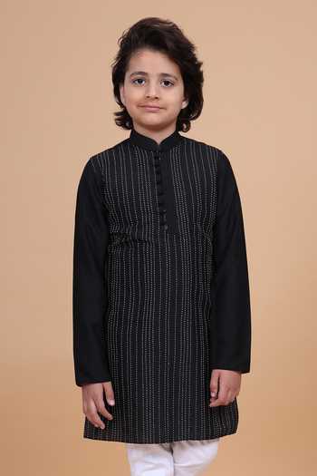 Raghavendra Rathore Blue Black Silk, Cotton Interspersed Striped Kantha Kurta at Aza Fashions Raghavendra Rathore Blue_Black Silk, Cotton Interspersed Striped Kantha Kurta _at_Aza_Fashions